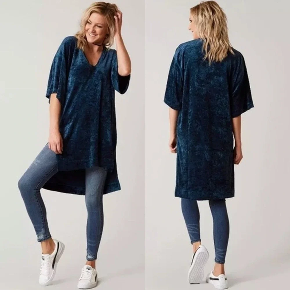 We The Free Luxe Crushed Velvet Tunic Top Women S Blue V-Neck Boho High-Low Swim